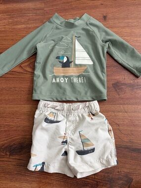 Carter's Olive Green Infant Rash Guard and swim trunks 9 month baby